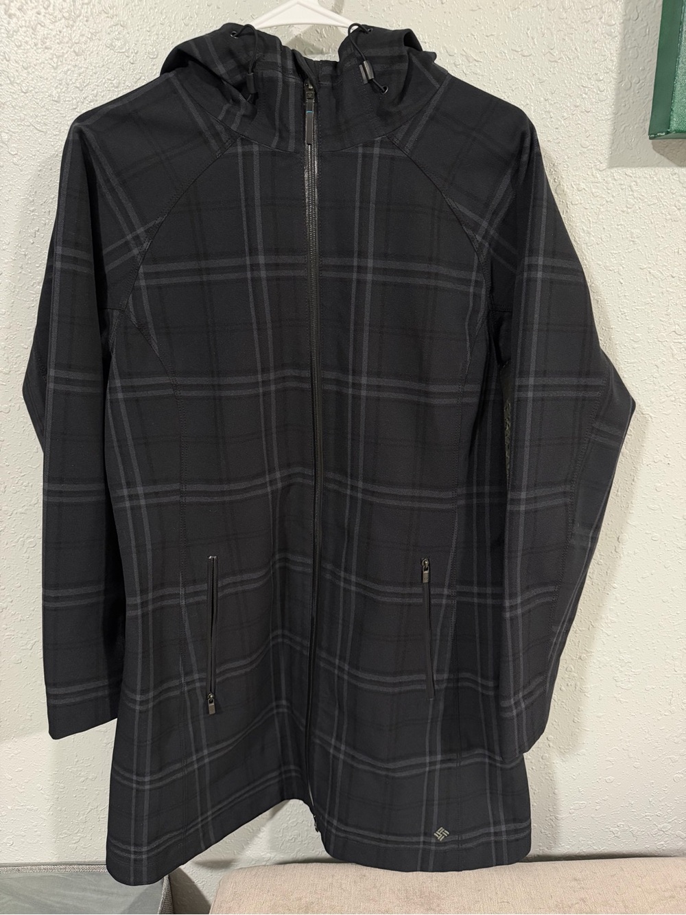 Columbia Black and grey Plaid Hooded Omni-heat long rain jacket.
